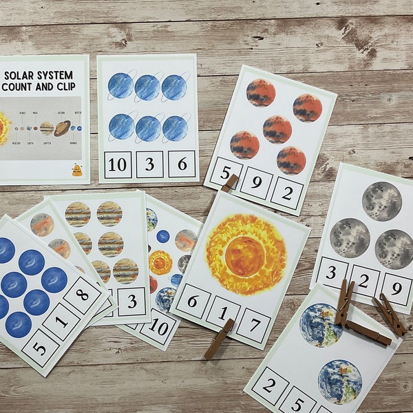 Solar System Count and Clip Cards Printable  • Solar System Number Learning  •  Solar System Counting  •  Learning Numbers