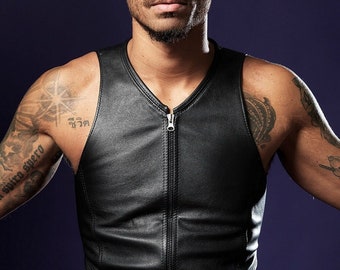 Alex Leather Shirt black Sleeveless genuine leather with zipper Tank Top Men Clubwear