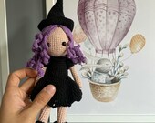 Complete Handmade Doll, Plush Witch Girl, Handmade Halloween gift, Girl with Witch Hat, Purple Hair Amigurumi Doll, Doll with Black Dress