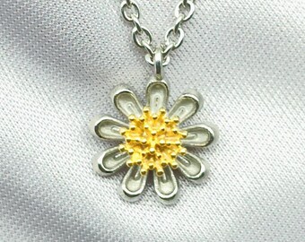 Sterling Silver Floral Pendant, 14K Gold Sunflower Charm Necklace
