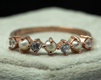 Dainty Pearl Ring: 925 Silver, 14K Gold Stacking Ring