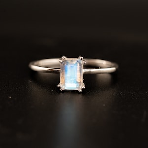 Natural Moonstone Ring Rainbow Moonstone Ring 14k Solid Gold Emerald Cut Ring Sterling Silver Ring Minimalist Stacking Ring Wedding Ring