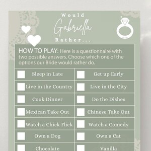 May include: A green and white printable bridal shower game card with the text "Would Gabriella Rather..." and a list of questions with two options each. The game is designed to help guests get to know the bride better.