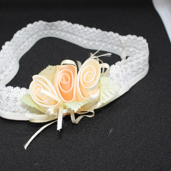 Bandeau serre tête hair band fleur blanc cassé fille dentelle élastique