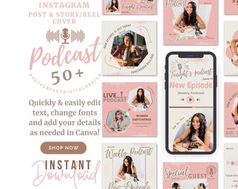 Beige Pink Podcast Instagram Templates - Canva Editable (Digital Download)