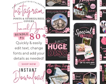 Travel Agent Instagram Post Templates – Black & Pink Canva Designs (Digital Download)