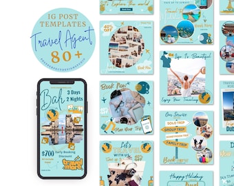 Travel Agent Instagram Templates – Blue Yellow Marketing Posts (Canva Editable, Digital Download)