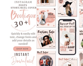 Fashion Instagram Post Templates – Boutique Marketing, Brown Pink (Canva Editable, Digital Download)