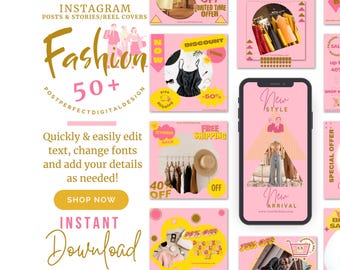 Pink Gold Fashion Instagram Templates – 50 Posts & Stories (Canva Editable, Digital Download)