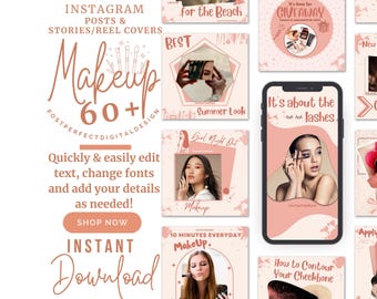 Peachy Rose Makeup Instagram Post Templates - 64 Editable Canva Designs (Digital Download)
