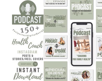 Sage Green Health Coach Instagram Templates, Podcast Posts (Canva Edit)