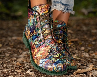 Handmade Natural Leather Ankle Boots: Colorful Print Casual Shoes