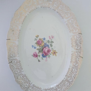 Bandeja ovalada de cerámica vintage Keystone Canonsburg - Elegancia floral dorada