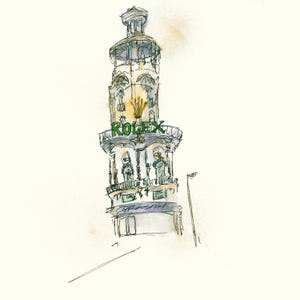 May include: A watercolour illustration of a tall building with a clock tower and a sign that reads "ROLEX". The building is painted in shades of grey and white, with a touch of yellow.