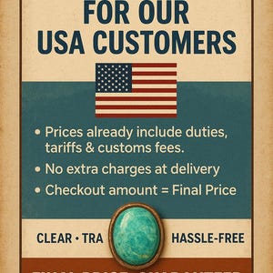 May include: A vintage-style sign with the text "GEMSFORARTIST" and "FOR OUR USA CUSTOMERS." It features an American flag and a turquoise gemstone. The sign promises clear, hassle-free pricing, with the final price guaranteed.