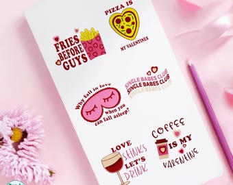 Anti-Valentine’s Sticker Sheet | Funny Love & Self-Love Stickers for Singles, Coffee and Pizza Lovers