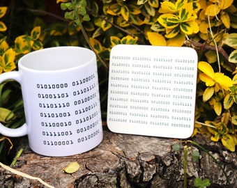 Binary Code Coaster & Mug Bundle - Have your custom message translated to binary code on a mug. Great for the computer geek in your life.