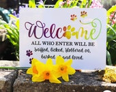 Dog Welcome Sign | Dog Mum | Rainbow lettering and paw prints | A5 Aluminium | Wall/Door