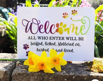 Dog Welcome Sign | Dog Mum | Rainbow lettering and paw prints | A5 Aluminium | Wall/Door