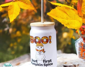 Halloween Boo! But First Pumpkin Spice Frosted Glass Can