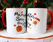 Pumpkin Spice Mug: Autumn Leaves, Orange Handle - Handmade in UK