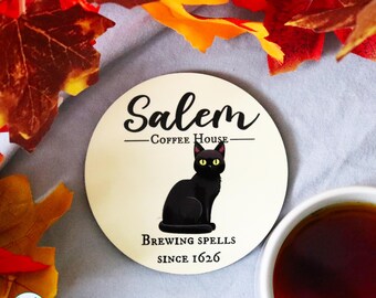 Salem Coffee House Coaster - Black Cat Illustration | Halloween Gifts