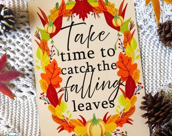 Autumn Wreath Wall Art: Aluminum A5 Print - Falling Leaves