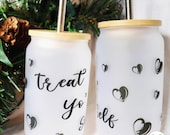 Treat Yo' Self | 13oz Frosted Glass Tumbler with Reusable Bamboo Lid & Stainless Steel Straw |
