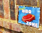 Vintage style 'BBQ Zone' sign | A5 Aluminium Print | Customizable Nameplate |