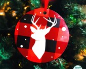 Red Tartan Stag Reindeer Tree Decoration | Ornament | Digital Illustration | Cosy Kitsch