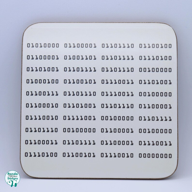 May include: A white square coaster with black binary code printed on it. The code is arranged in rows of eight digits, with each row representing a different number. The coaster is made of a durable material and is perfect for protecting your furniture from spills and scratches.