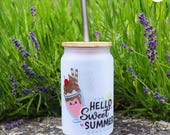Hello Sweet Summer | Frosted Glass Tumbler with Reusable Bamboo Lid & Stainless Steel Straw | Pimms