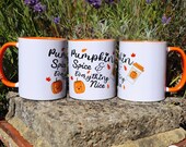 Pumpkin Spice Mug: Autumn Leaves, Orange Handle - Handmade in UK