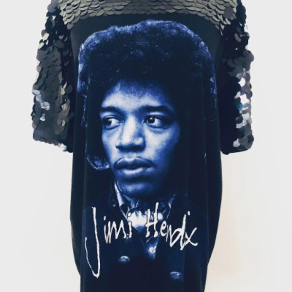 Jimi Hendrix Woodstock 1970 Guitar Album Band Rock Tour Tshirt Embellished with Sequins fit 6 8 10 12 14 Vintage Retro Upcycled Recycled
