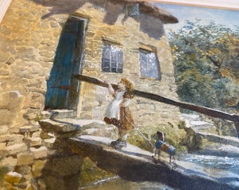 Ellen Louise Clacy Watercolor, Girl and Dog, Signed, 1898