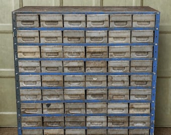 Vintage industrial workshop bank of metal drawers