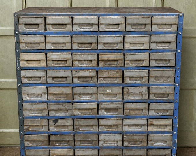 Vintage industrial workshop bank of metal drawers