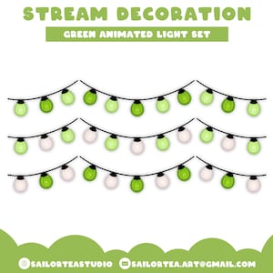 Puede incluir: Tres filas de cadenas de luces animadas verdes y blancas. Las luces están enhebradas en un cable negro. El texto "STREAM DECORATION GREEN ANIMATED LIGHT SET" está en la parte superior de la imagen.