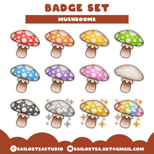 Mushroom Badge Set | P2U Premade Twitch Youtube Discord Pack Package Cute Sub Bit Streams Sparkle Cottagecore Fairycore Farmcore Mushrooms