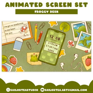 Animated Froggy Desk Screen Set | P2U Premade Pack Package Twitch YouTube Discord Overlay VTuber Frog Plants Mushroom Strawberry Cottagecore