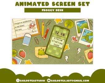 Animated Froggy Desk Screen Set | P2U Premade Pack Package Twitch YouTube Discord Overlay VTuber Frog Plants Mushroom Strawberry Cottagecore