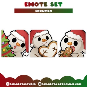 Peut inclure: Ensemble de trois émoticônes de bonhommes de neige sur le thème de Noël. Chaque bonhomme de neige porte un bonnet de Père Noël rouge et a une expression différente. L'un regarde derrière un sapin, un autre tient un biscuit en forme de cœur, et le dernier mange un bonhomme en pain d'épices.