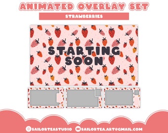 Strawberry Animated Overlay Set | P2U Twitch, Youtube, Scenes, Premade Overlays, Panels, Emotes, Set, Package, Cute, Cottagecore