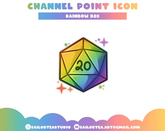 レインボー D20 チャンネルポイントアイコン | P2U プリメイド Twitch Discord Youtube エモート チャット チャンネルポイント ダイス ダンジョンズ&ドラゴンズ D&D DND テーブルトップ