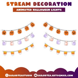 May include: Animated Halloween string lights with orange pumpkins, purple ghosts, and yellow and orange candy corn. The lights are strung together on a black cord. The text "STREAM DECORATION ANIMATED HALLOWEEN LIGHTS" is at the top of the image.