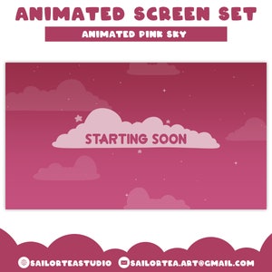 May include: Animated pink sky with white clouds and stars. The text "STARTING SOON" is written on a large cloud.
