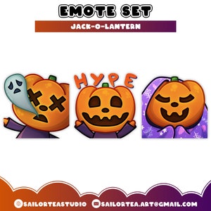 May include: A set of three Halloween-themed digital emotes featuring Jack-o'-Lanterns. One pumpkin has an X for eyes and a ghost, another says "HYPE", and the last is covered in a blanket. The text "EMOTE SET" and "JACK-O-LANTERN" are at the top.