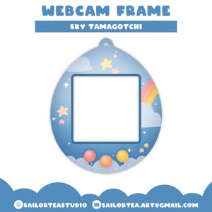 May include: A blue and white webcam frame with a sky-themed Tamagotchi design. The frame features a rainbow, clouds, and stars. The frame is perfect for adding a fun and whimsical touch to your webcam.