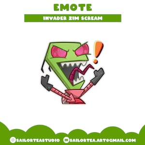 May include: Green alien character with red eyes and a large mouth, screaming with an exclamation point above its head. The character is from the cartoon "Invader Zim".