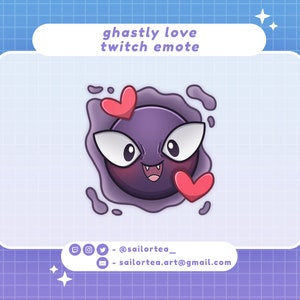 May include: A purple Ghastly Pokemon with a mischievous grin, surrounded by a purple aura, with two red hearts floating around it. The text "ghastly love twitch emote" is above the image.